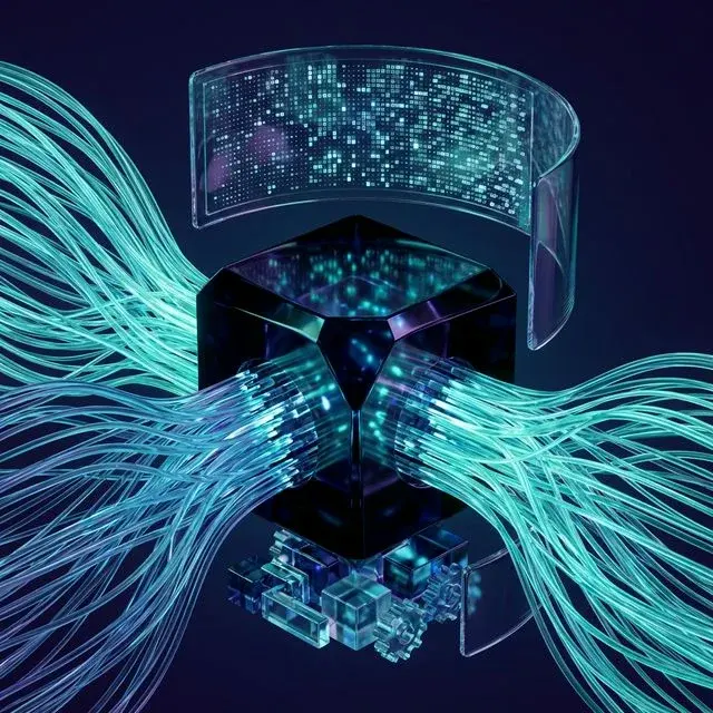 GLM 5 Sovereign Data Loop: Glowing data strands entering an obsidian core